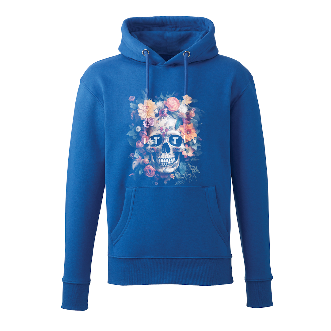 Tenacious 'Orange Flower Skull' blue hoody with full colour design printed on the front.