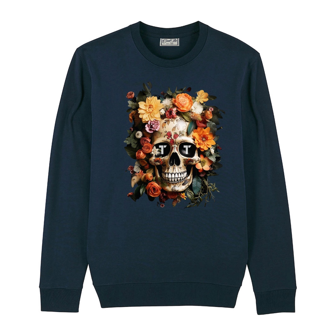Tenacious navy sweatshirt with 'Orange Flower Skull' full colour design printed on the front.