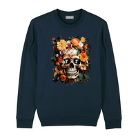 Tenacious navy sweatshirt with 'Orange Flower Skull' full colour design printed on the front.