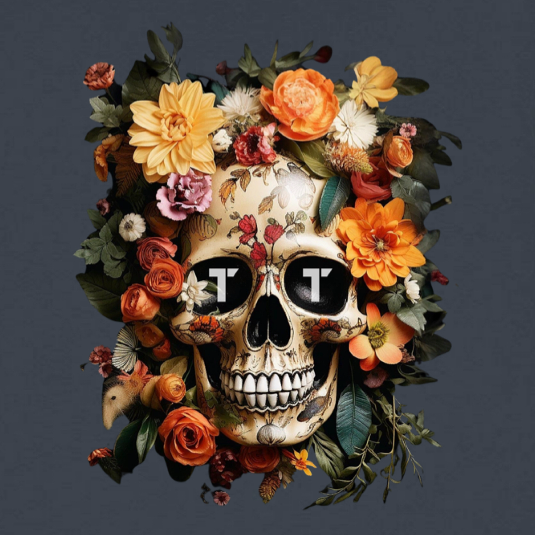 Tenacious 'Orange Flower Skull' anthracite sweatshirt with full colour design printed on the front.