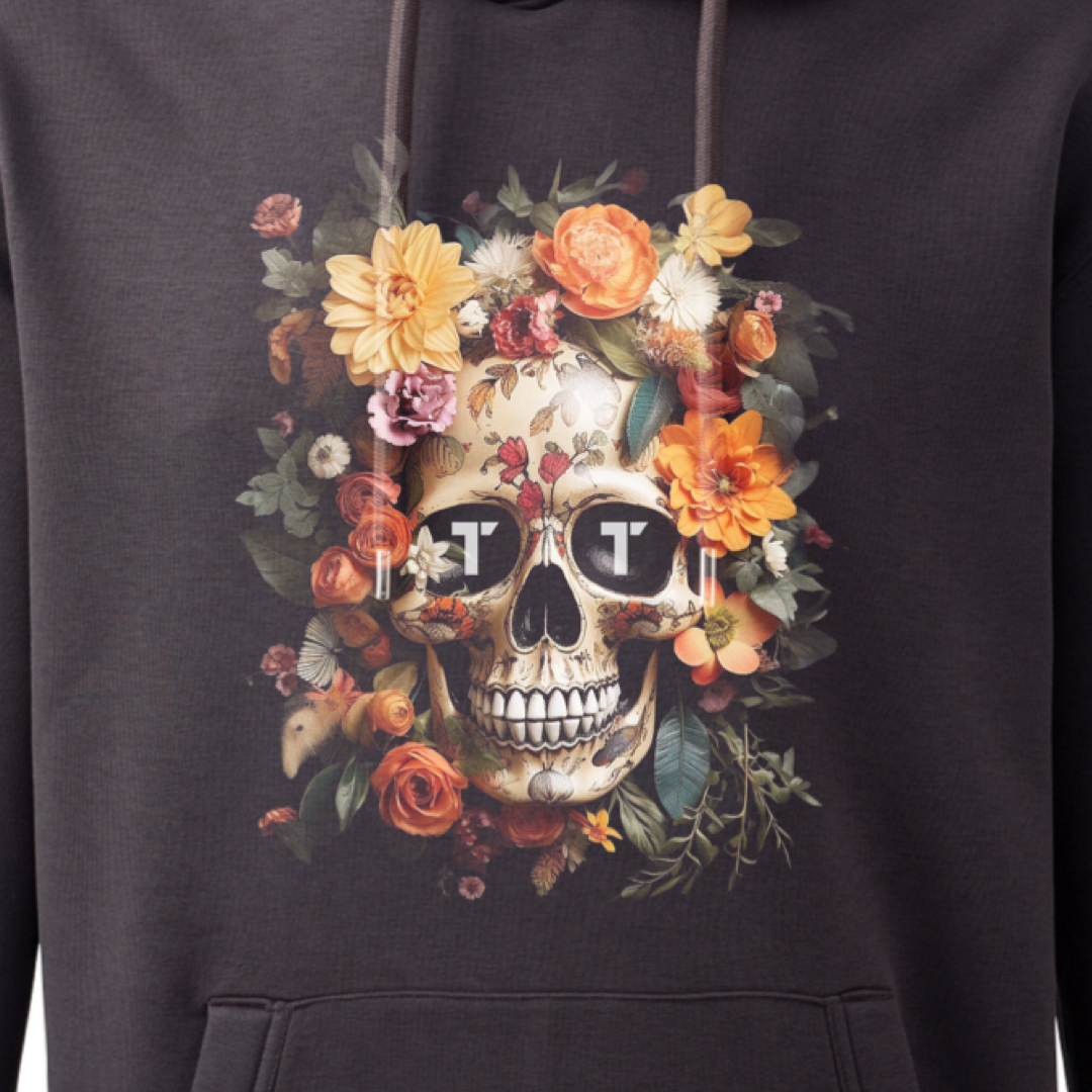 Tenacious 'Orange Flower Skull' charcoal hoody with full colour design printed on the front.