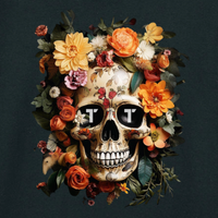 Tenacious black sweatshirt with 'Orange Flower Skull' full colour design printed on the front.
