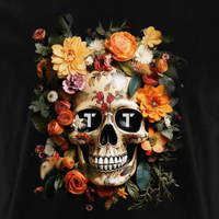 Tenacious Orange Flower Skull T-shirt, black with full colour print design on the front.