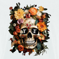 Tenacious white tee-shirt with 'Orange Flower Skull' design on the front.
