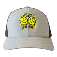 The Acid Brothers grey and back trucker cap with black and yellow embroidered 'smileys' logo.