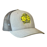 The Acid Brothers grey and back trucker cap with black and yellow embroidered 'smileys' logo.