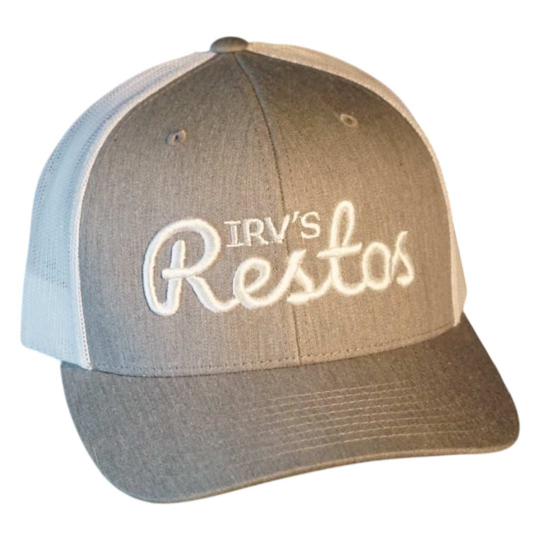 Heather grey and white two-tone trucker cap with white embroidered IRV's Restos logo - side view