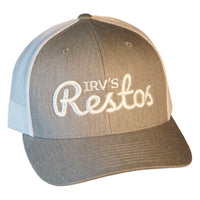 Heather grey and white two-tone trucker cap with white embroidered IRV's Restos logo - side view