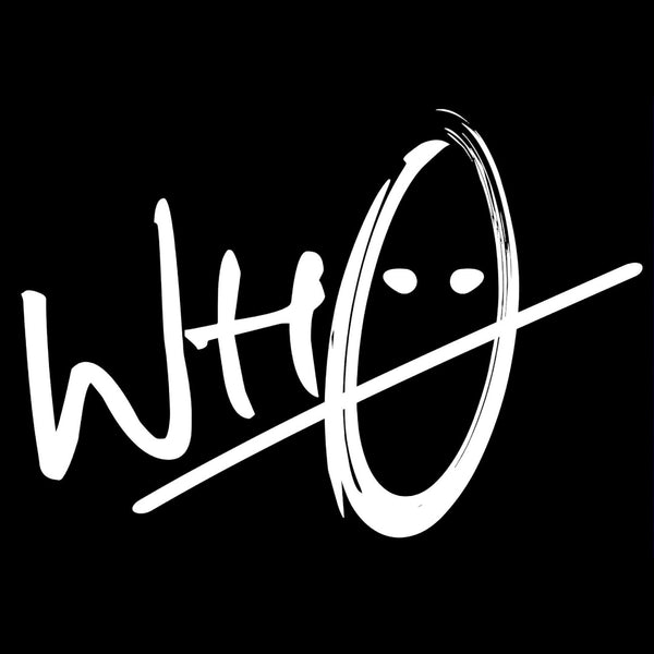 Close up of the Who Plays logo on the front of a black t-shirt.