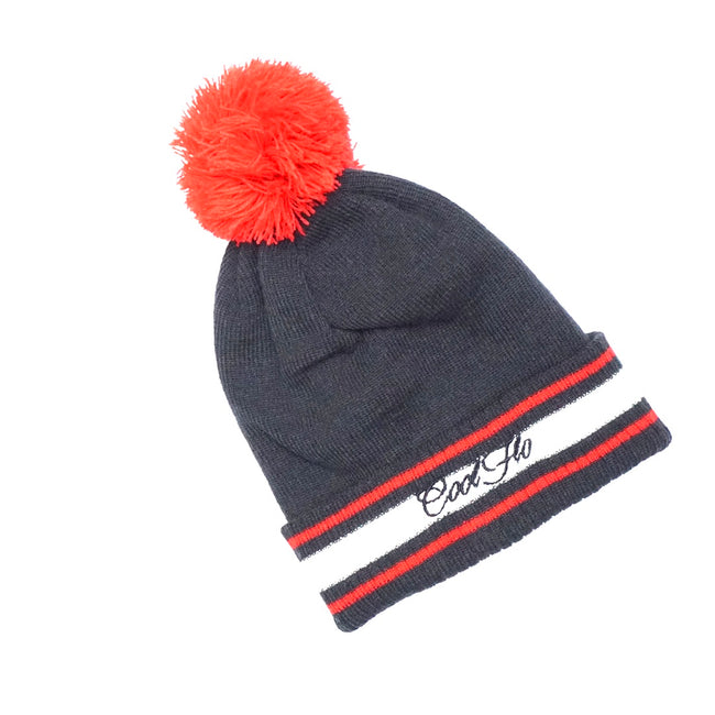 Cool Flo Navy, red and white bobble hat with  embroidered script logo 