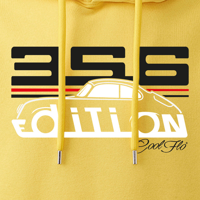 Cool Flo Porsche 356 yellow hoody - GT Edition with black, white and red print. Design close-up.