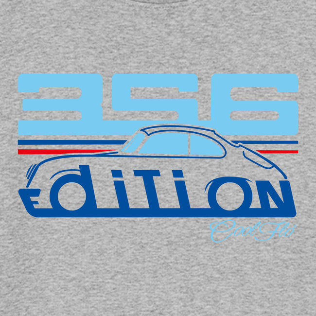 Cool Flo Porsche 356 grey sweatshirt - Martini Edition with blue and red print. Design close-up.