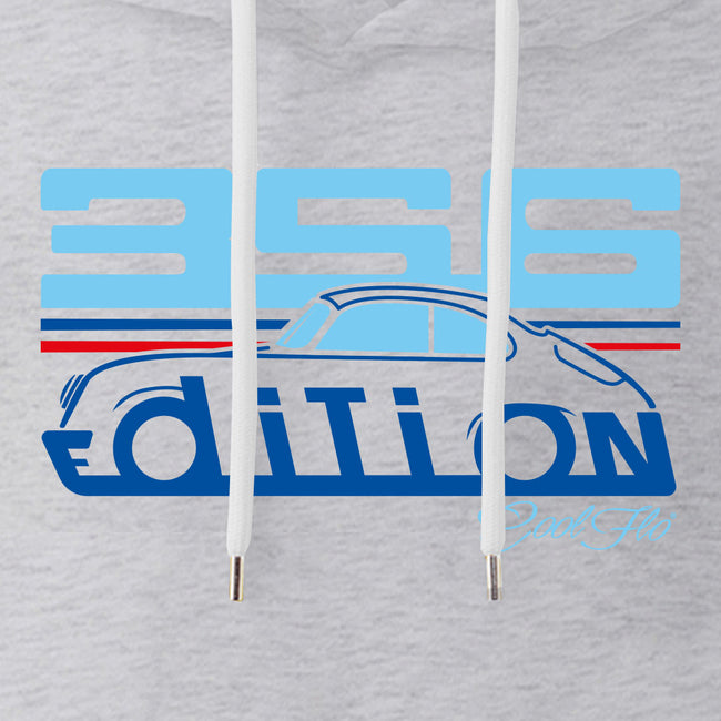 Cool Flo Porsche 356 light grey hoody - Martini Edition with blue and red print. Design close-up.