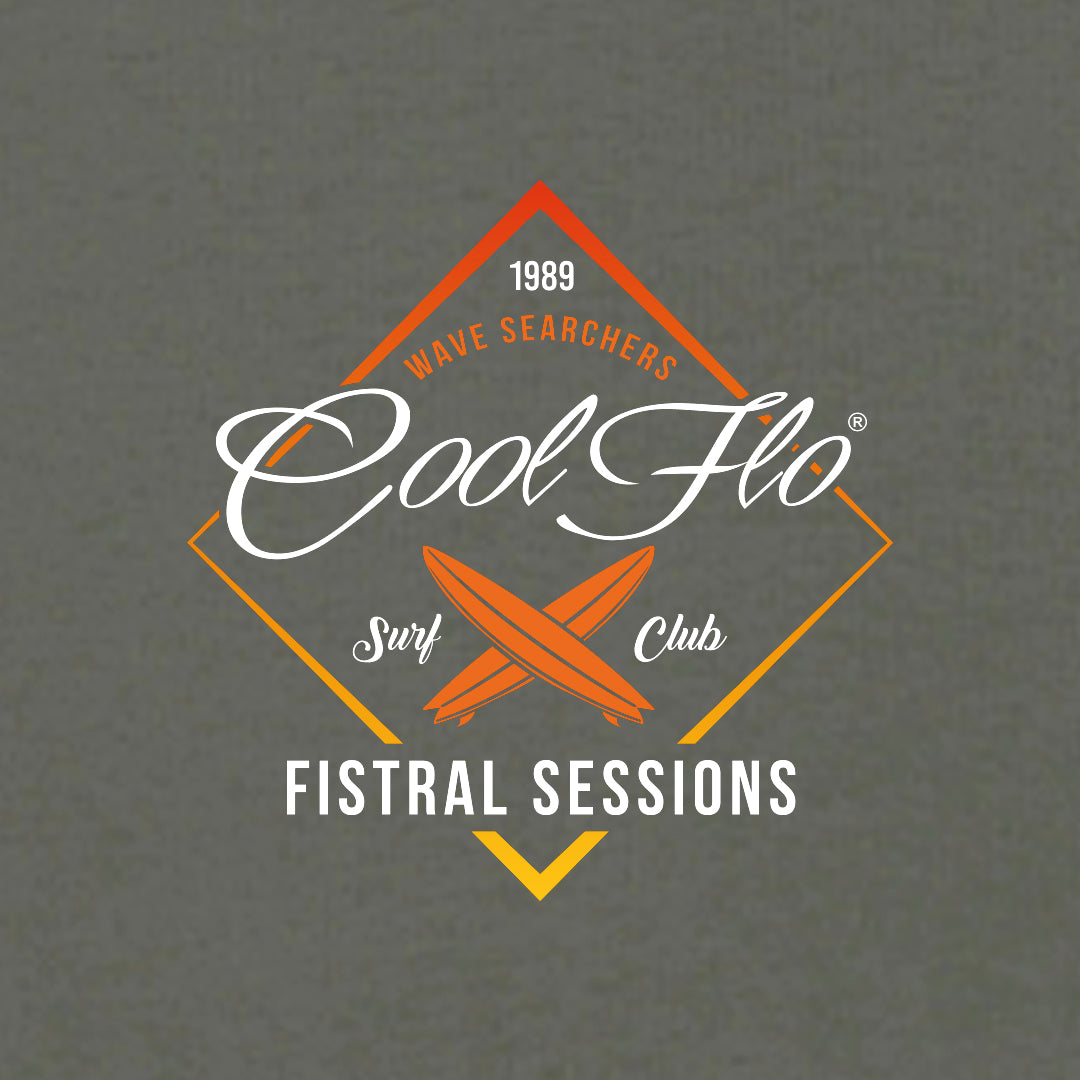 Cool Flo Khaki Fistral Sessions hoody with yellow, orange and white diamond shape and surf boards design - close-up