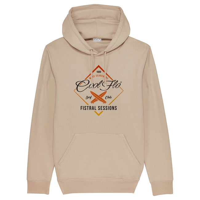 Cool Flo Sand Fistral Sessions Hoody with yellow, orange and black diamond shape and surf boards design.