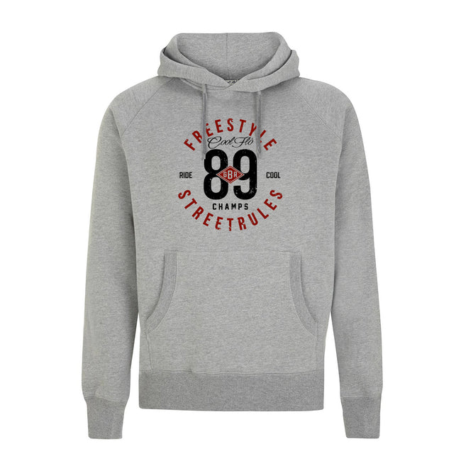 Cool Flo Grey Freestyle Champs Hoody with red and black text.