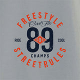 Cool Flo Grey Freestyle Champs t-shirt with red and black text - close-up