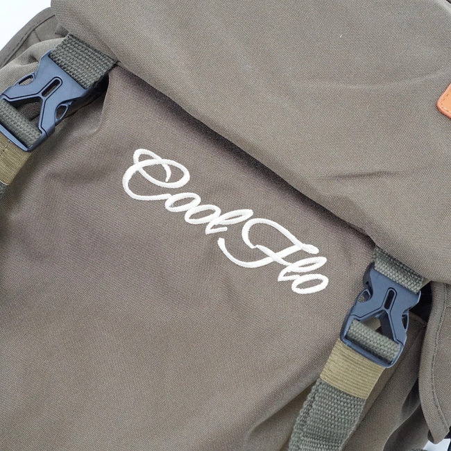 Cool Flo khaki green backpack with an embroidered Cool Flo logo