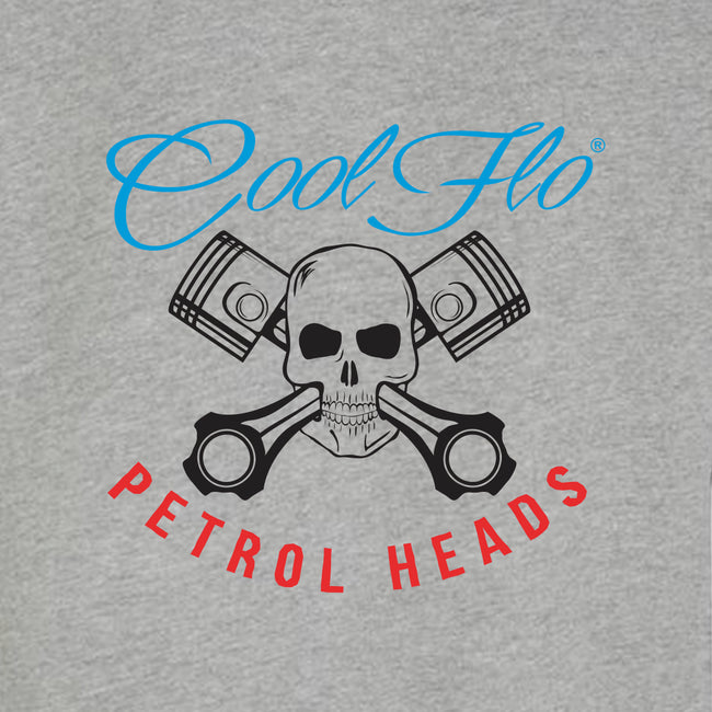 Cool Flo Grey Petrol Heads Hoody with black skull and pistons design and blue and red text - design close-up