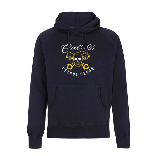 Cool Flo Navy Petrol Heads Hoody with yellow skull and pistons design and white text.