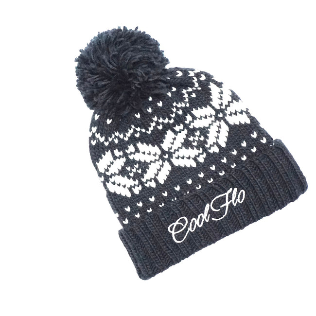 Cool Flo black and white Snowstorm Fair Isle bobble hat with embroidered script logo 