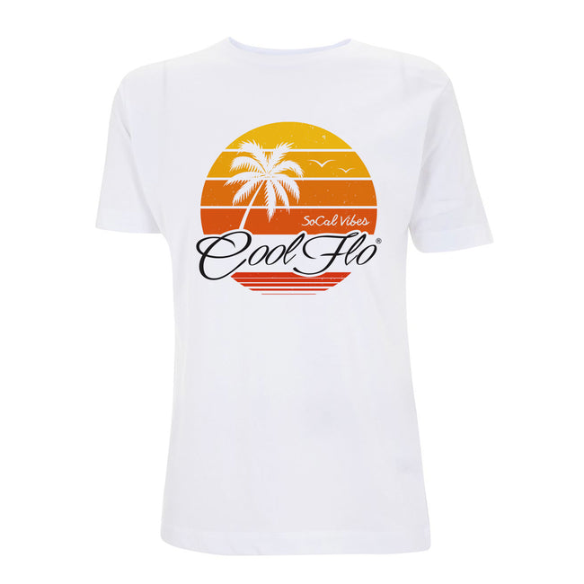 Cool Flo White SoCal Vibes T-shirt with yellow, orange and black sunset and palm trees design.
