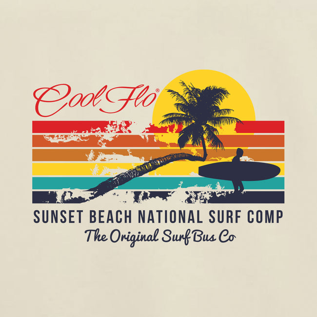 Sunset Beach - Cool Flo ivory t-shirt - surf design close-up