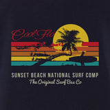 Sunset Beach - Cool Flo navy t-shirt - surf design close-up