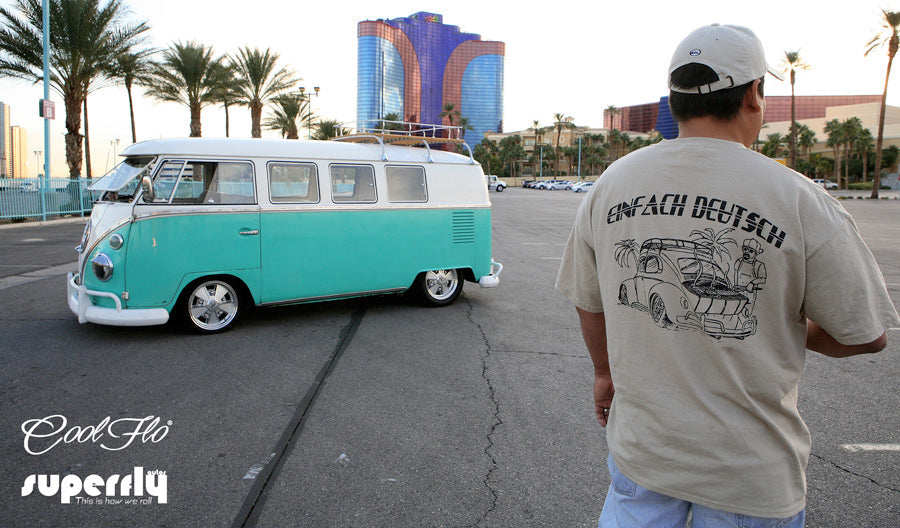 Member of the Einfach Deutsch VW Club with vintage split-screen VW camper in Las Vegas