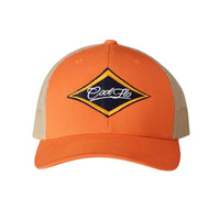 Orange and khaki trucker cap with an embroidered Cool Flo logo in a diamond design.