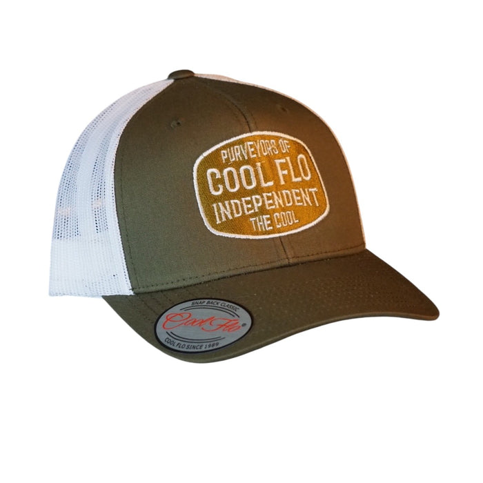 Cool Flo Independent khaki green and white trucker cap with embroidered badge design in complimentary colours.