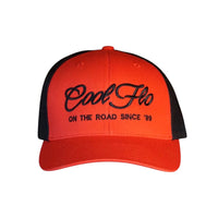 Cool Flo red and black trucker cap with black embroidered logo and 'On the road since '89' design.