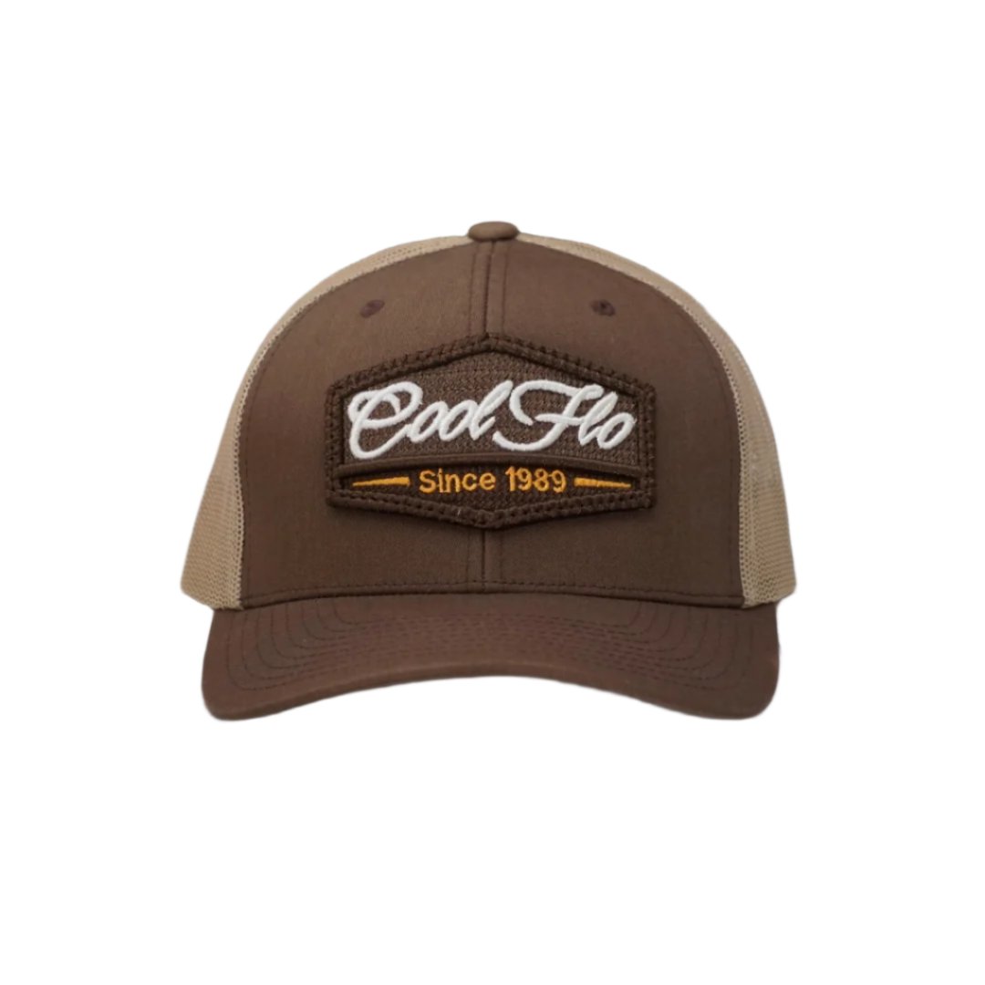 Cool Flo brown and khaki trucker cap with brown, white and orange 3D puff embroidered badge sewn onto the front.