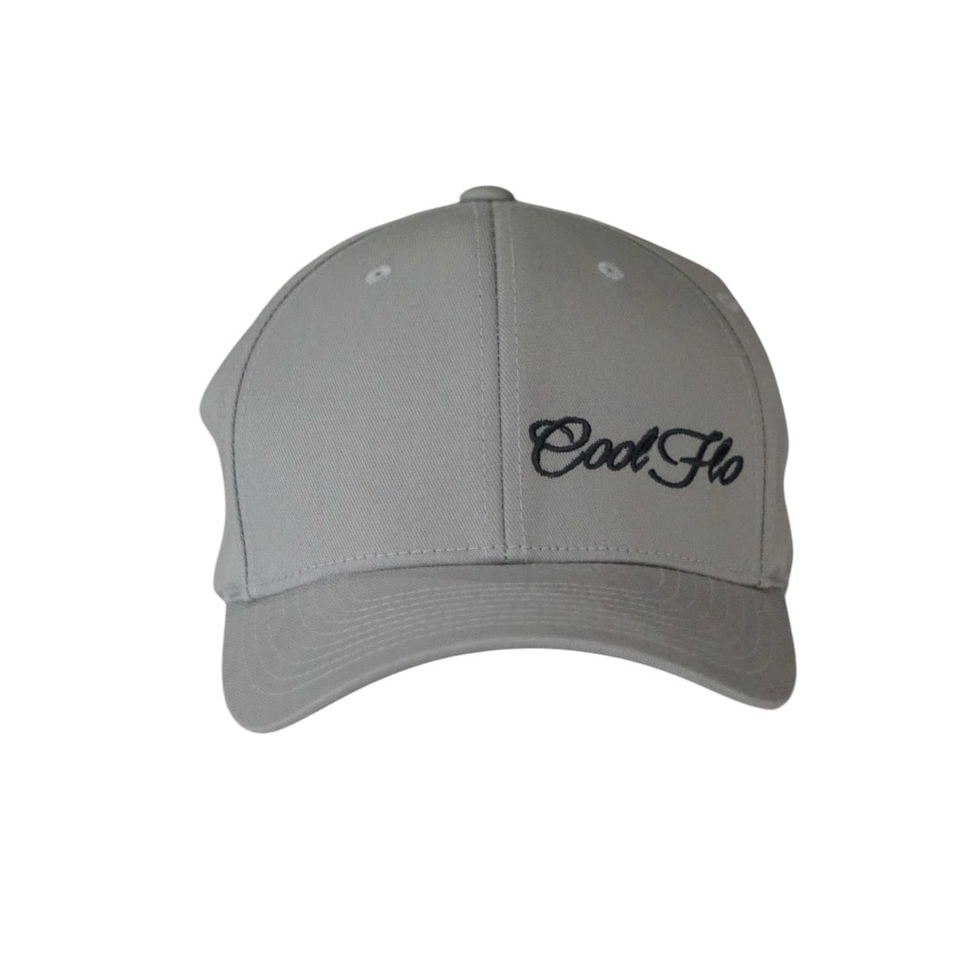 Silver grey flex-fit baseball cap with dark grey embroidered script logo to one side.