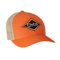 Orange and khaki trucker cap with an embroidered Cool Flo logo in a diamond design.