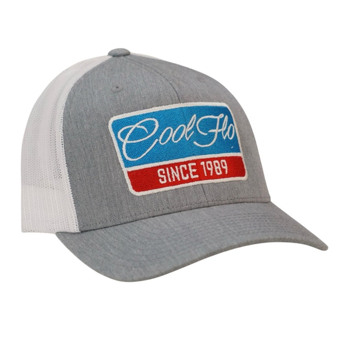 Cool Flo Grey and white Retro Badge trucker cap with embroidered blue, red and white Since '89 badge design