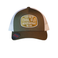 Cool Flo Independent khaki green and white trucker cap with embroidered badge design in complimentary colours.