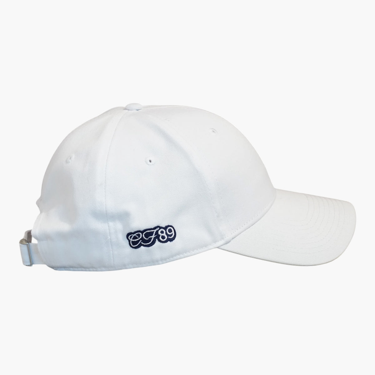 Right side view of a Cool Flo White baseball cap featuring CF89 embroidered side detail, a curved visor and adjustable strap fastening