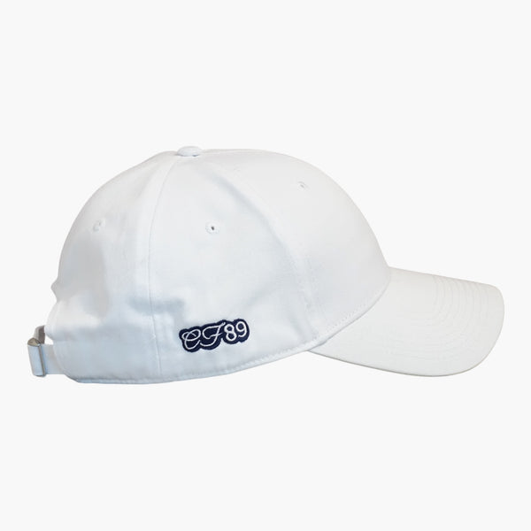 Right side view of a Cool Flo White baseball cap featuring CF89 embroidered side detail, a curved visor and adjustable strap fastening