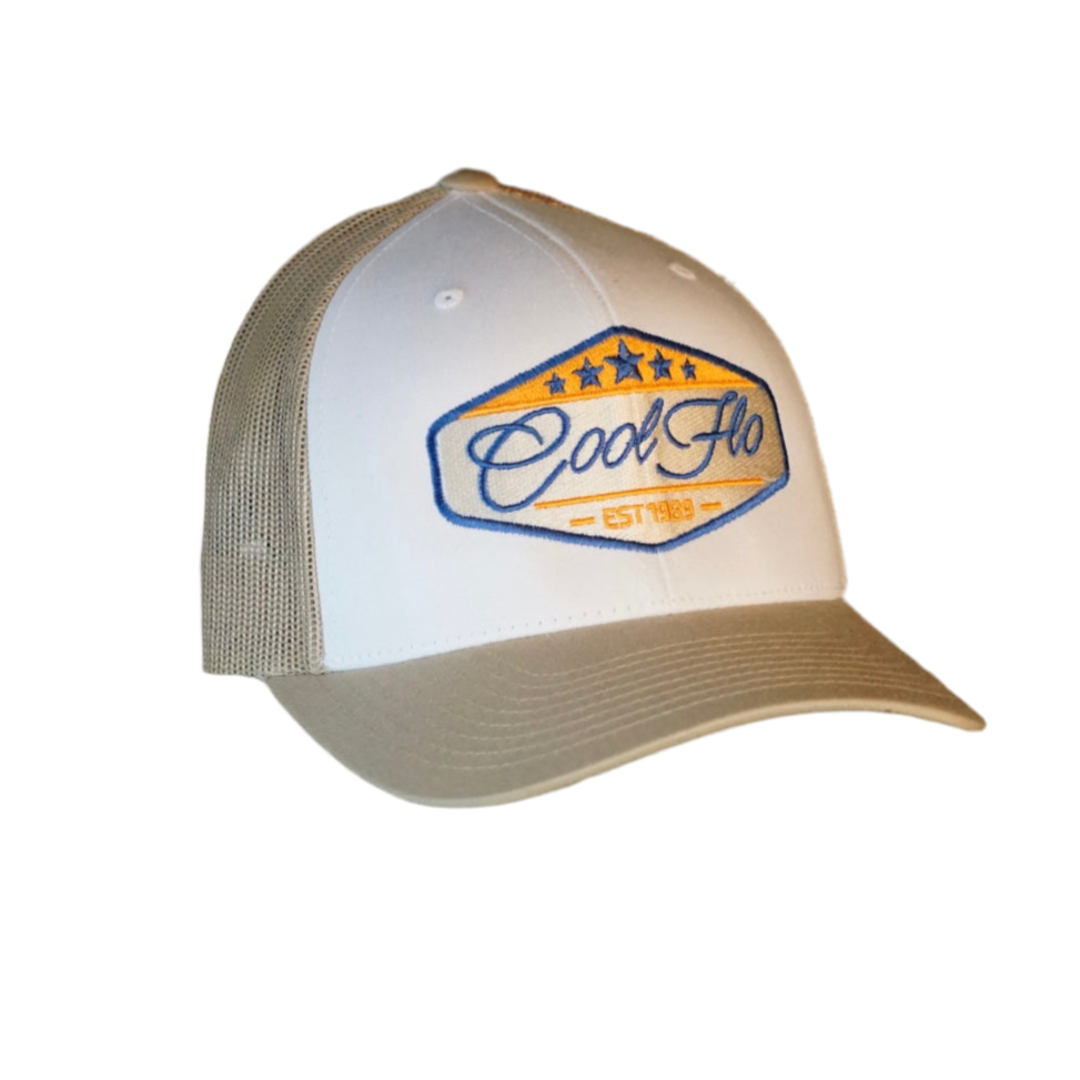 Cool Flo Khaki and White Five Star embroidered trucker cap.