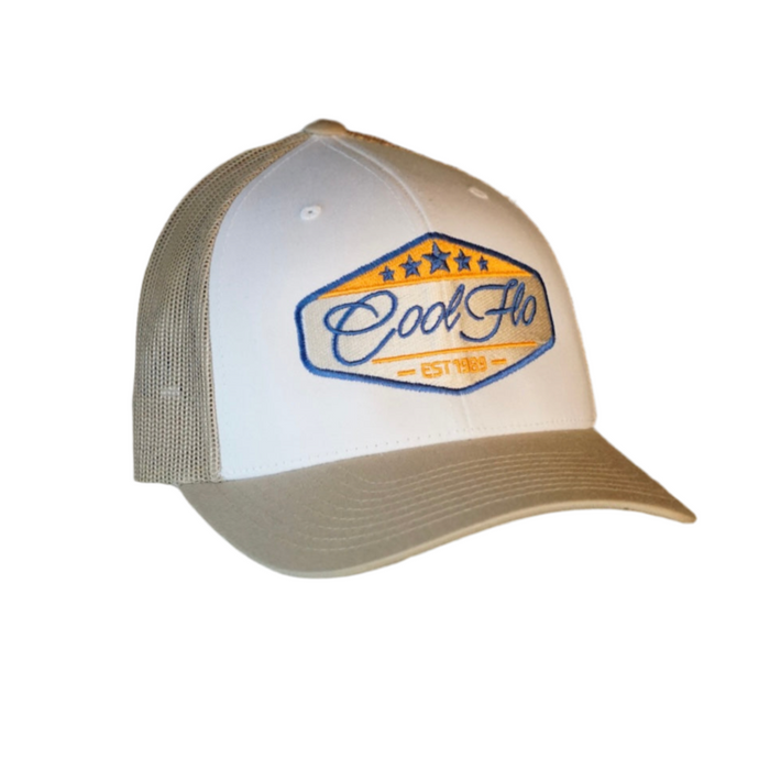 Cool Flo Khaki and White Five Star embroidered trucker cap.