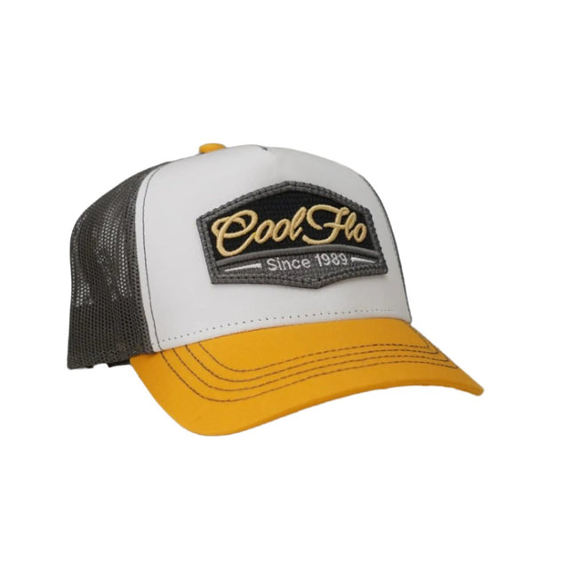 Yellow, white and grey trucker with 3D Cool Flo badge sewn on the front.