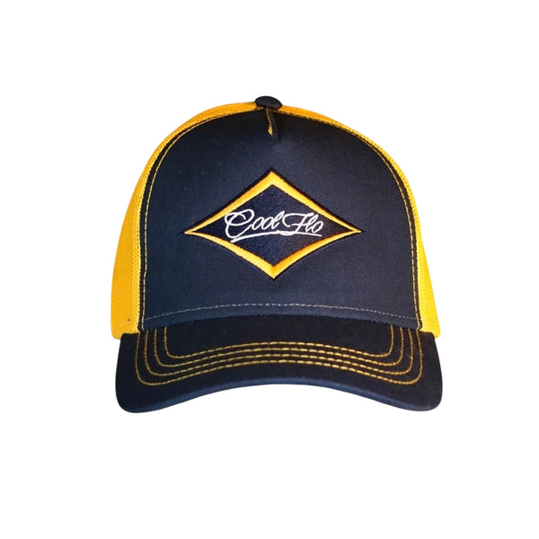 Navy and yellow/orange trucker cap with an embroidered Cool Flo logo in a diamond design.