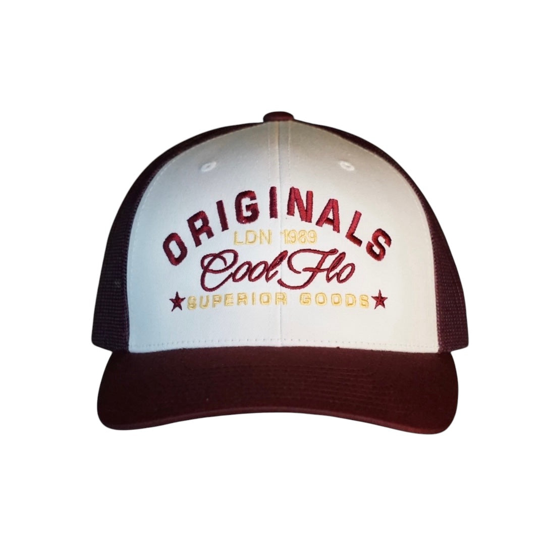 Cool Flo burgundy and white trucker cap with embroidered yellow/gold and burgundy 'Originals' design.