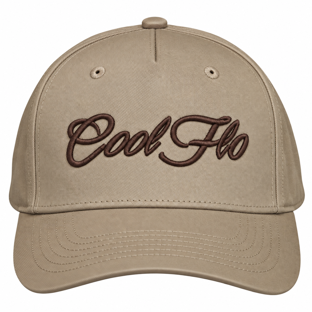 A khaki baseball cap with 'Cool Flo' embroidered in dark brown cursive script across the front, shown against a plain white background.