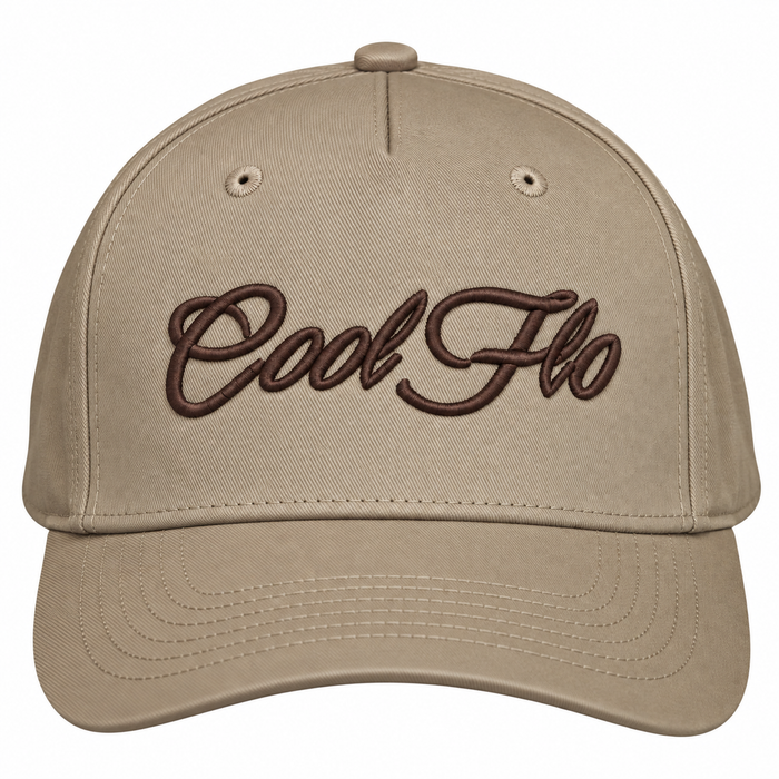 A khaki baseball cap with 'Cool Flo' embroidered in dark brown cursive script across the front, shown against a plain white background.