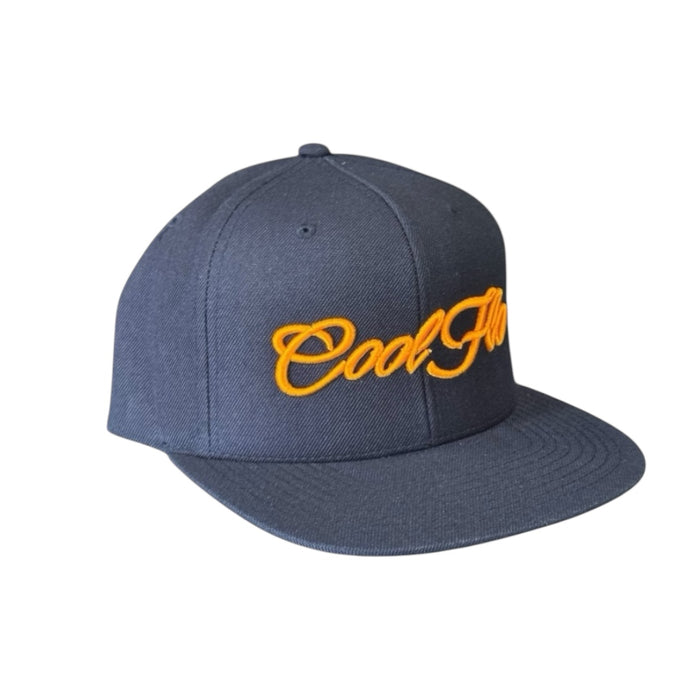 Navy snapback cap with bold orange 3D embroidered Cool Flo script logo on the front.