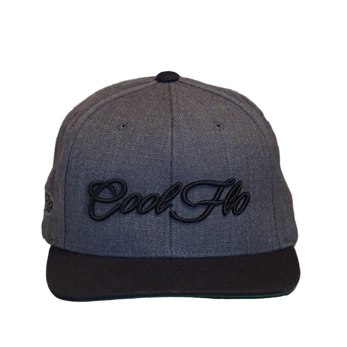 Front view of a Cool Flo snapback cap in Dark Grey featuring a raised 3D Black embroidered Script logo and flat visor