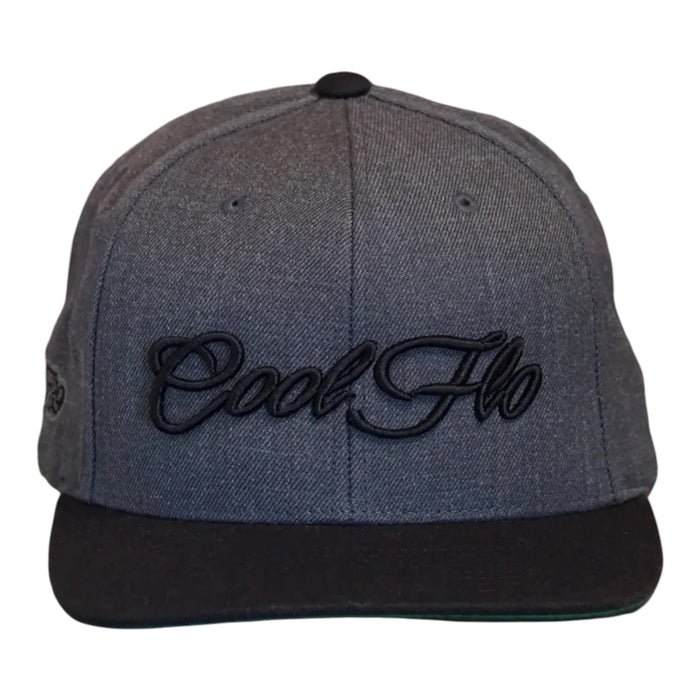 Front view of a Cool Flo snapback cap in Dark Grey featuring a raised 3D Black embroidered Script logo and flat visor