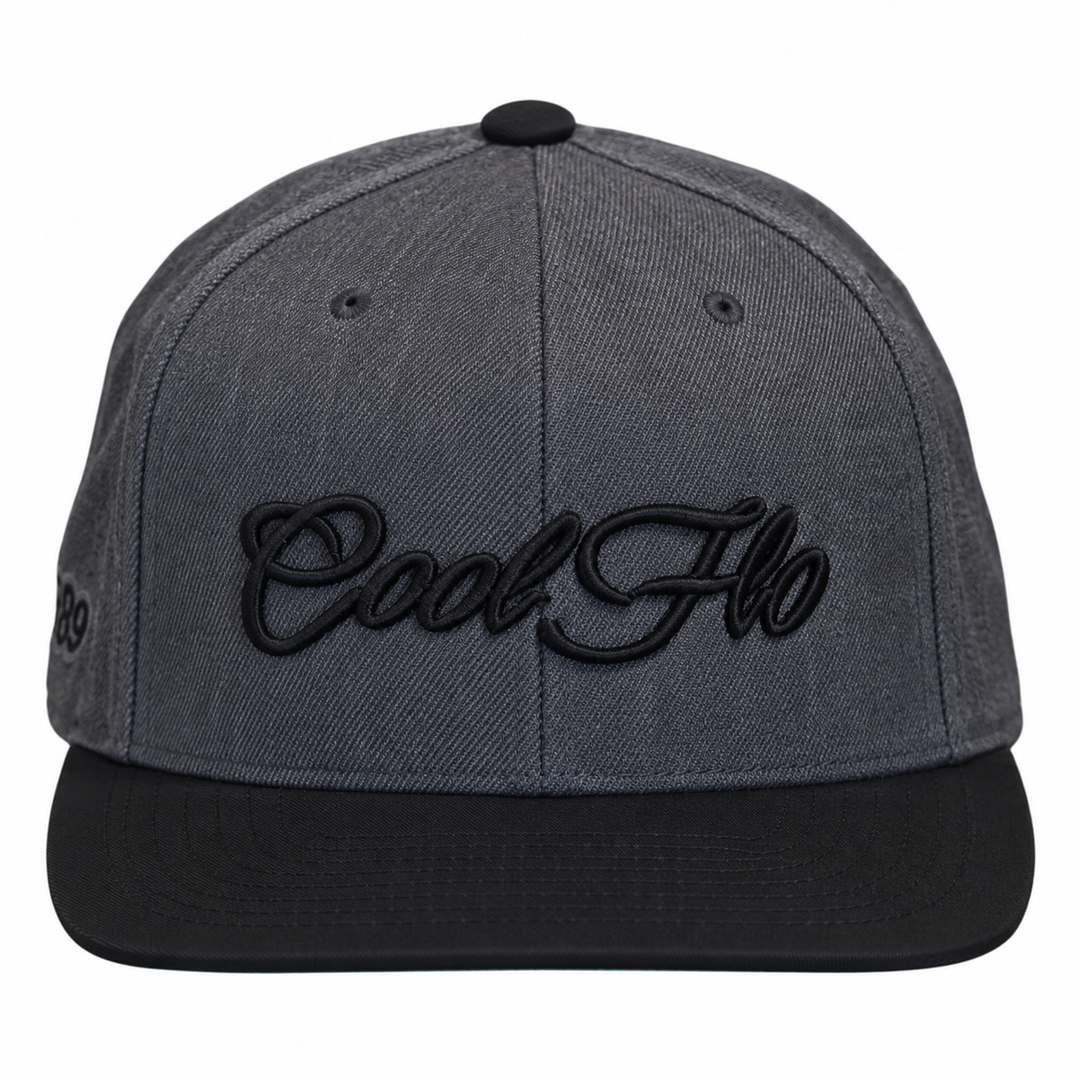 Front view of a Cool Flo snapback cap in Dark Grey featuring a raised 3D Black embroidered Script logo and flat visor.